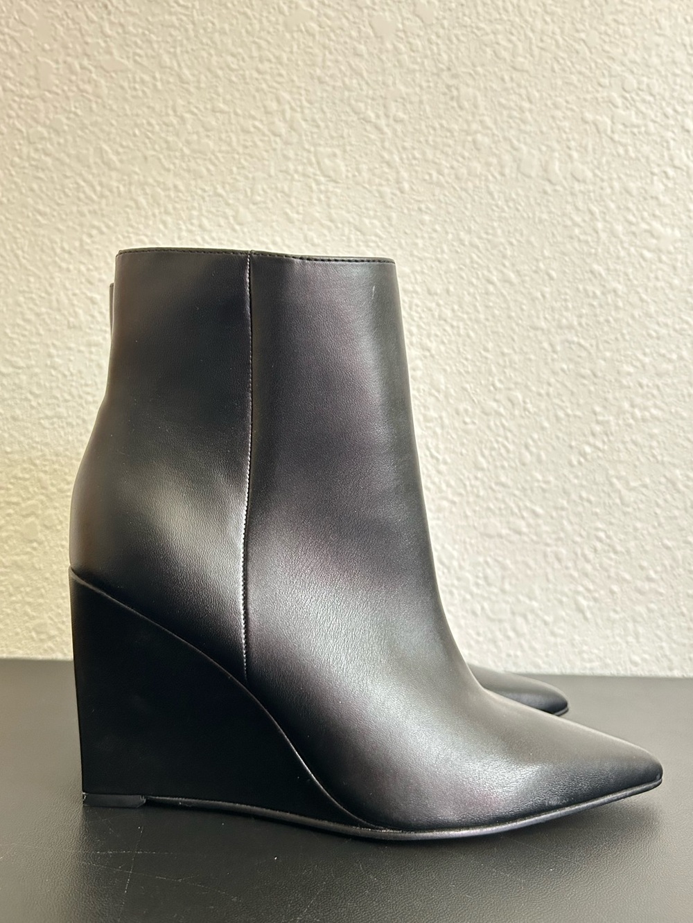 MARC FISHER Size 8.5 Wendel2 Black Faux Leather Pointed Wedge Booties